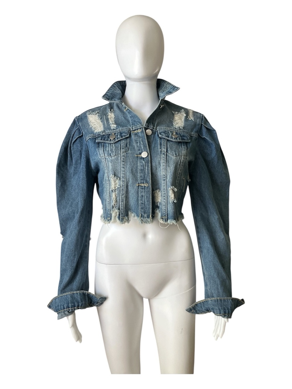 Distressed Cropped Blue Denim Jacket - Women's Jean Jacket